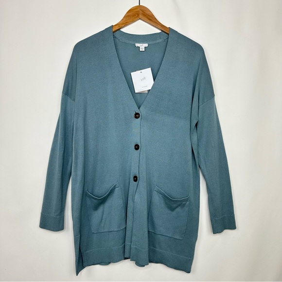 J. Jill Blue Sage Button Front Patch Pocket Long Cardigan Sweater Sz M NEW! - Picture 2 of 10